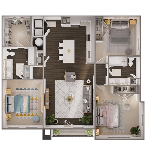 Floor plan for 3 beds, 2 baths, 1283 sqft